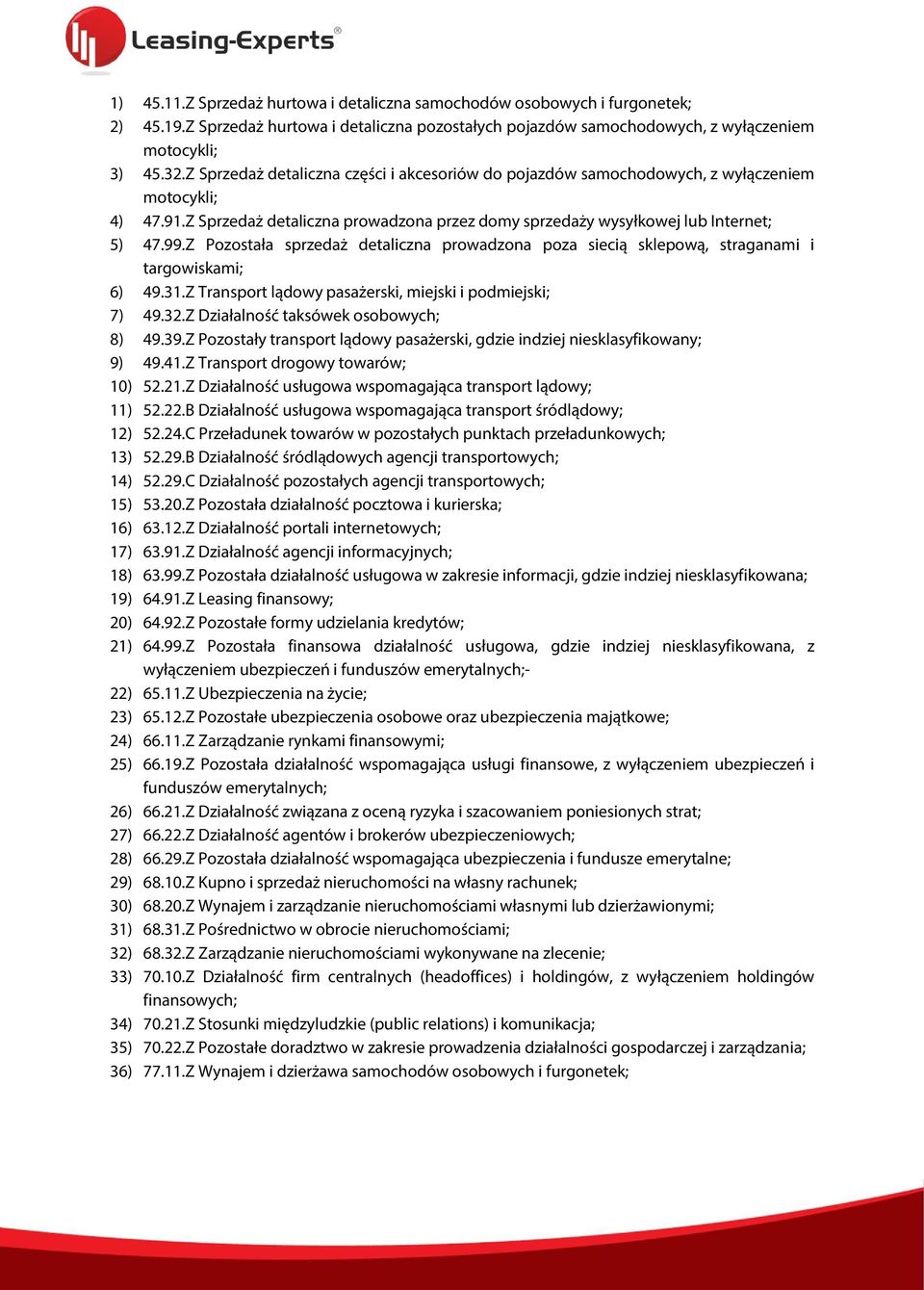 Z Pozostała sprzedaż detaliczna prowadzona poza siecią sklepową, straganami i targowiskami; 6) 49.31.Z Transport lądowy pasażerski, miejski i podmiejski; 7) 49.32.