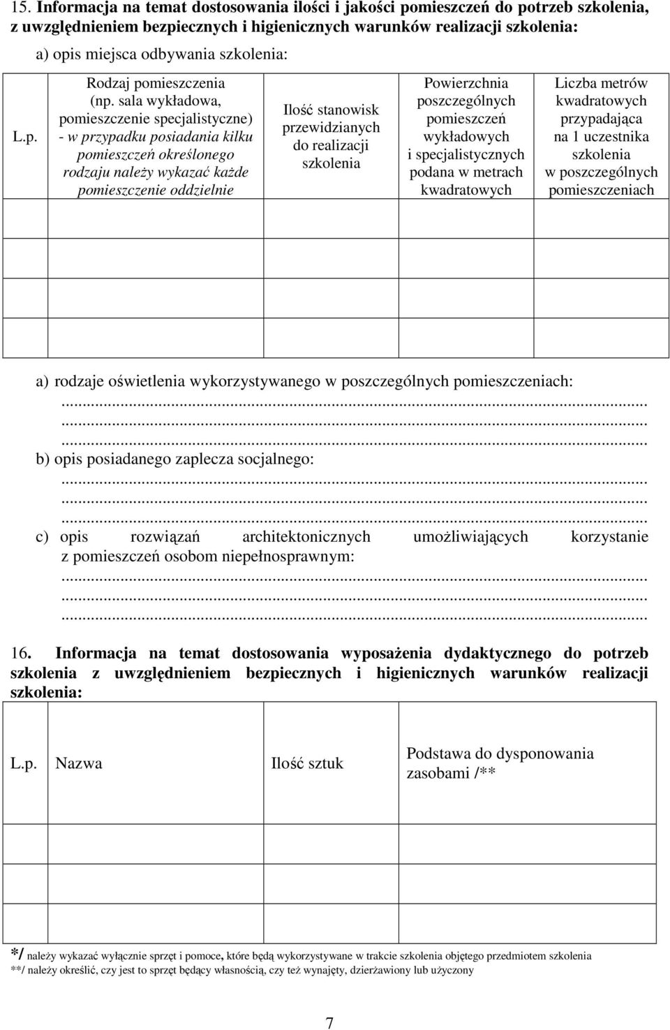 realizacji szkolenia Powierzchnia poszczególnych pomieszczeń wykładowych i specjalistycznych podana w metrach kwadratowych Liczba metrów kwadratowych przypadająca na 1 uczestnika szkolenia w