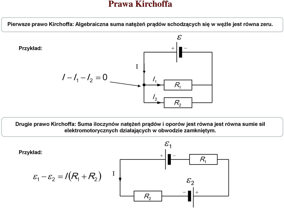 Przykład: I I I 0 I I R I R Drugie prawo Kirchoffa: Suma iloczynów natężeń