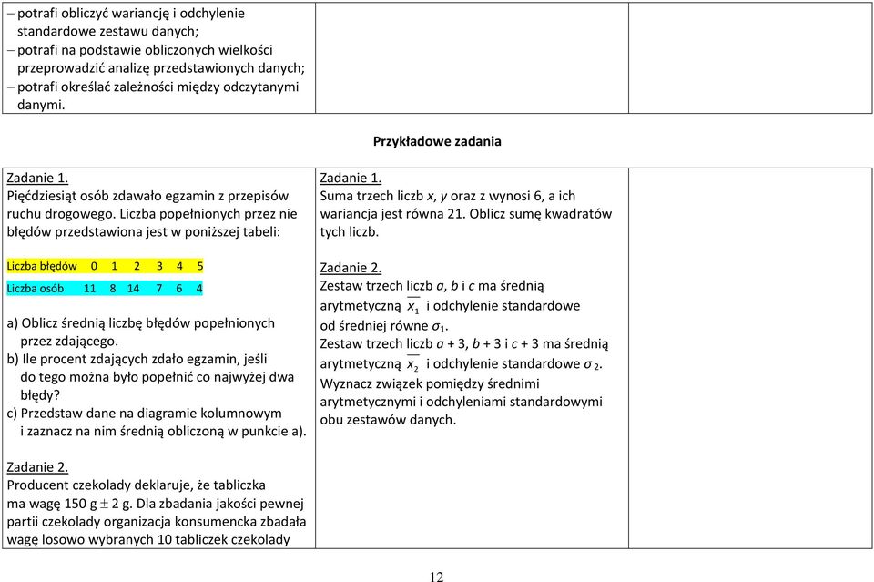 Liczba popełnionych przez nie błędów przedstawiona jest w poniższej tabeli: Liczba błędów 0 1 2 3 4 5 Liczba osób 11 8 14 7 6 4 a) Oblicz średnią liczbę błędów popełnionych przez zdającego.