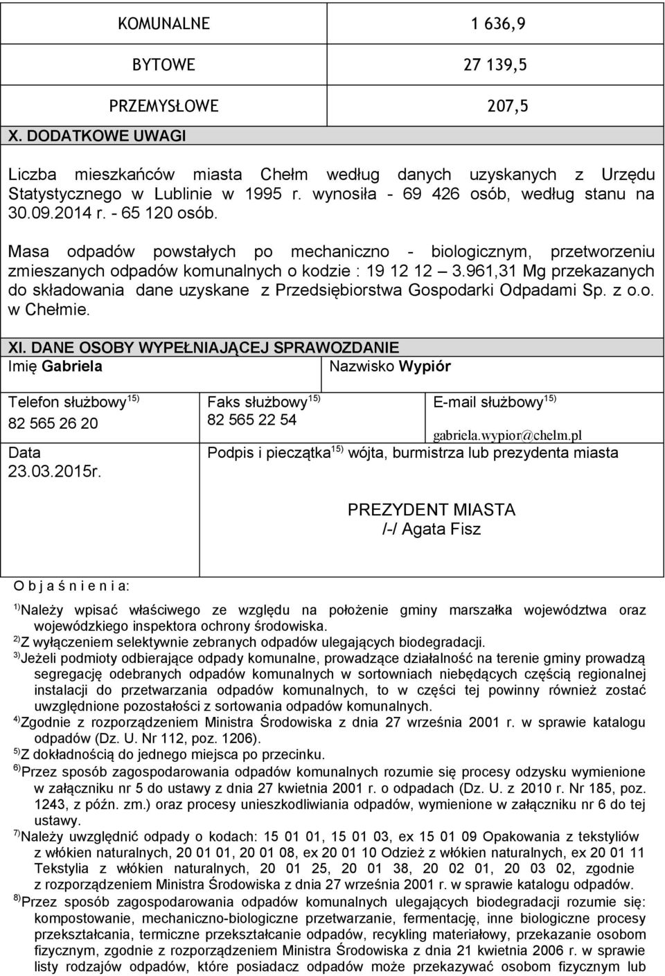 961,31 Mg przekazanych do składowania dane uzyskane z Przedsiębiorstwa Gospodarki Odpadami Sp. z o.o. w Chełmie. XI.