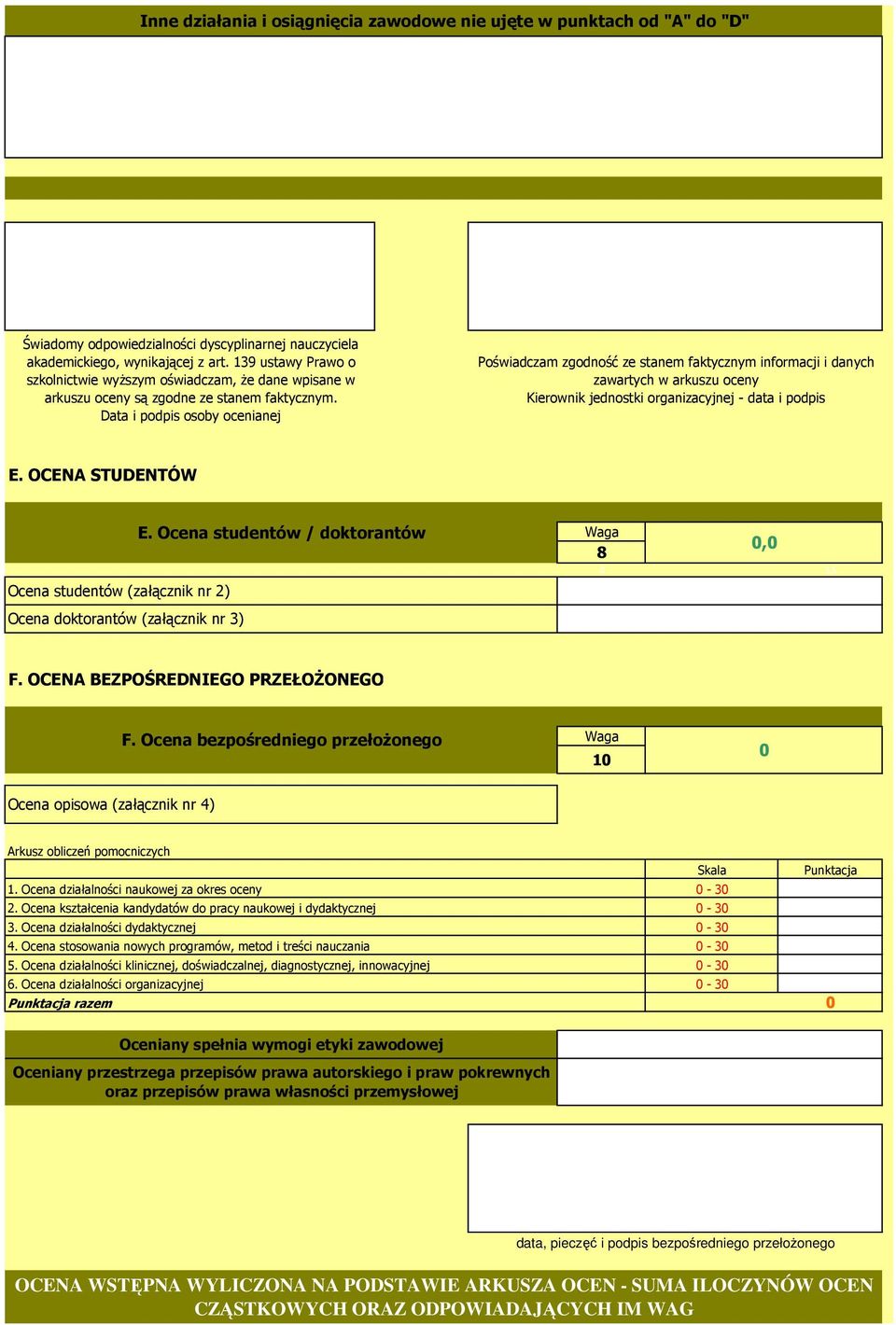 Data i podpis osoby ocenianej Poświadczam zgodność ze stanem faktycznym informacji i danych zawartych w arkuszu oceny Kierownik jednostki organizacyjnej - data i podpis E.