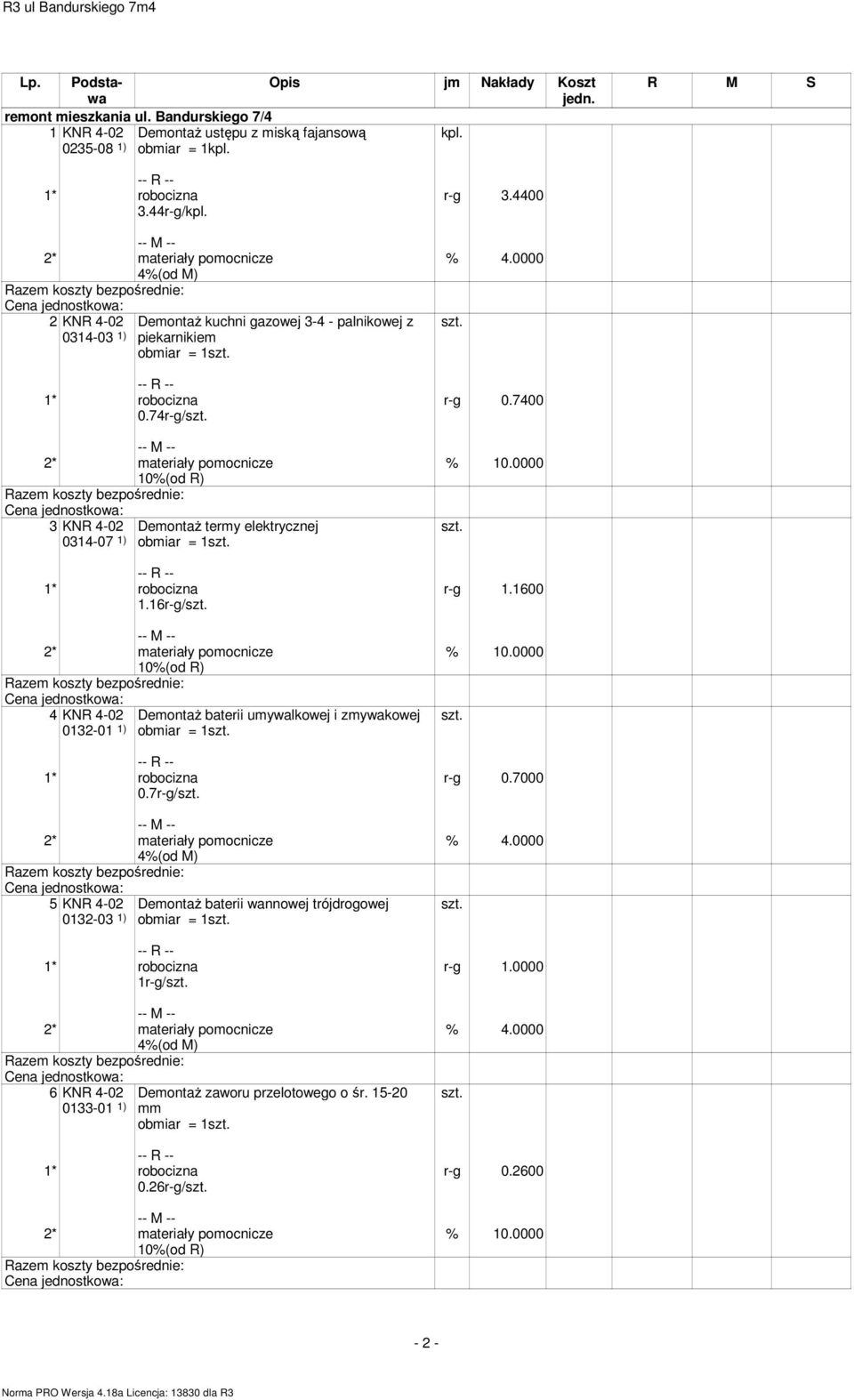 74r-g/ 3 KNR 4-02 DemontaŜ termy elektrycznej 0314-07 1) obmiar = 1 1.16r-g/ 4 KNR 4-02 DemontaŜ baterii umywalkowej i zmywakowej 0132-01 1) obmiar = 1 0.