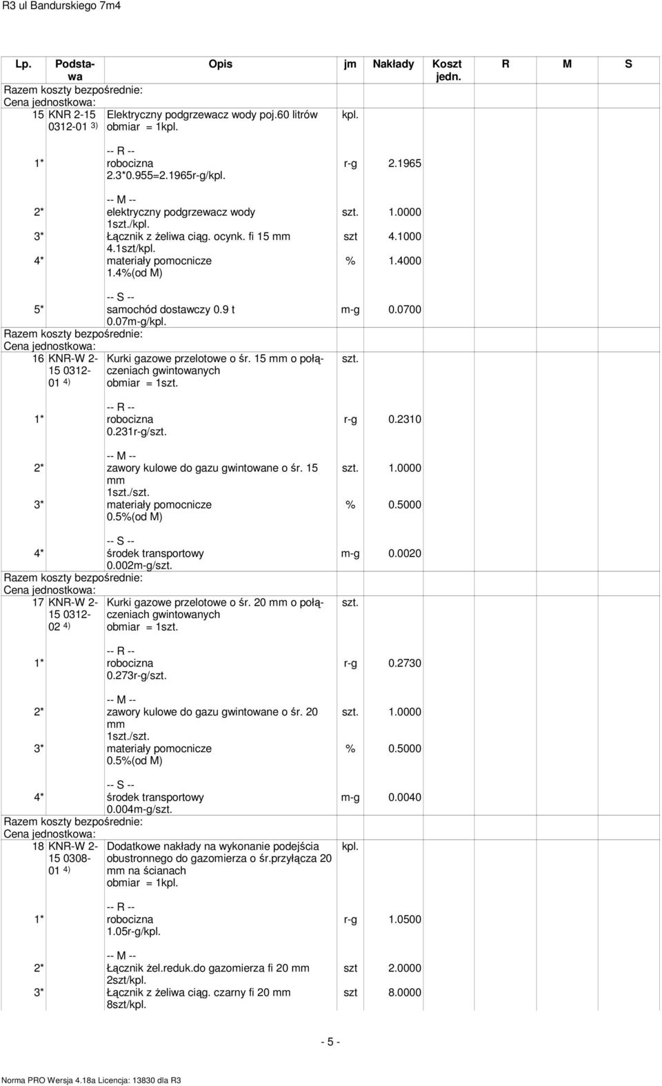 15 o połączeniach gwintowanych obmiar = 1 2* zawory kulowe do gazu gwintowane o śr. 15 1/ 0.5%(od M) 4* środek transportowy 0.002m-g/ 17 KNR-W 2-15 0312-02 4) 0.273r-g/ Kurki gazowe przelotowe o śr.