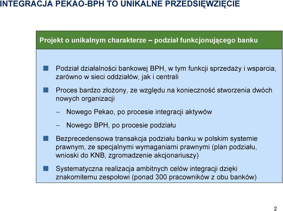 procesie integracji aktywów Nowego BPH, po procesie podziału Bezprecedensowa transakcja podziału banku w polskim systemie prawnym, ze specjalnymi wymaganiami prawnymi