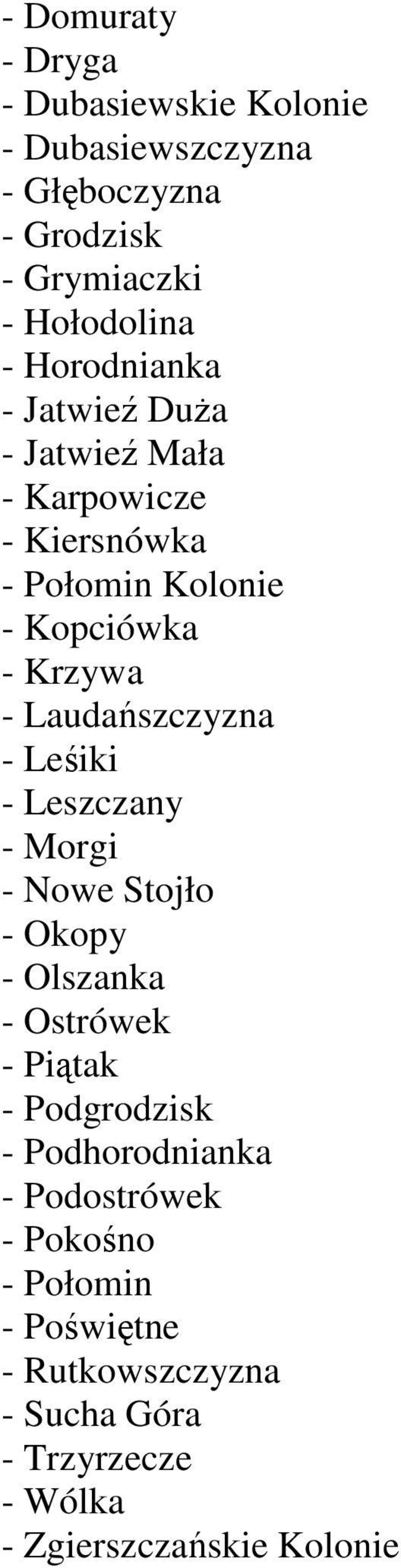 Laudańszczyzna - Leśiki - Leszczany - Morgi - Nowe Stojło - Okopy - Olszanka - Ostrówek - Piątak - Podgrodzisk -