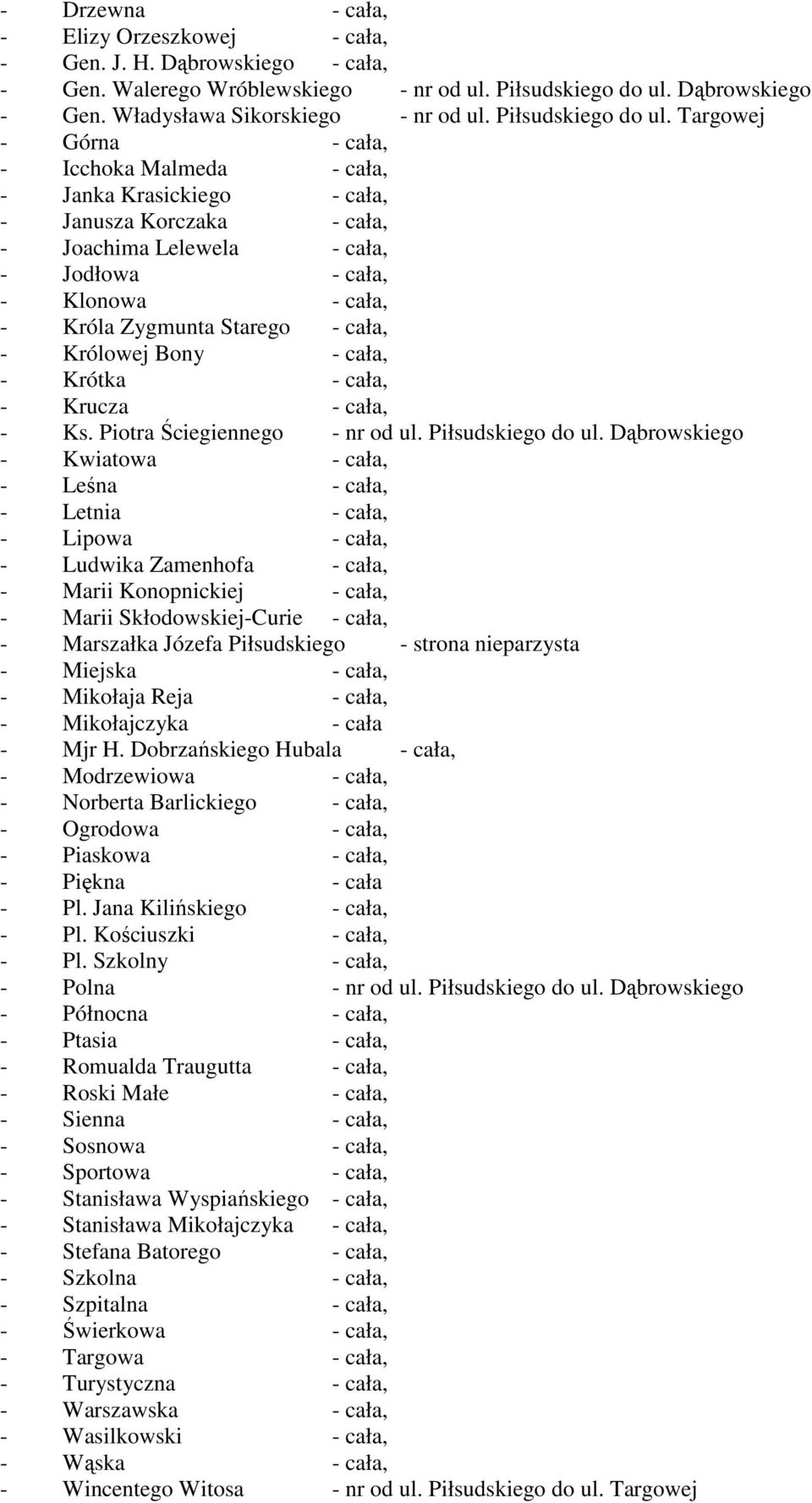 Targowej - Górna - cała, - Icchoka Malmeda - cała, - Janka Krasickiego - cała, - Janusza Korczaka - cała, - Joachima Lelewela - cała, - Jodłowa - cała, - Klonowa - cała, - Króla Zygmunta Starego -