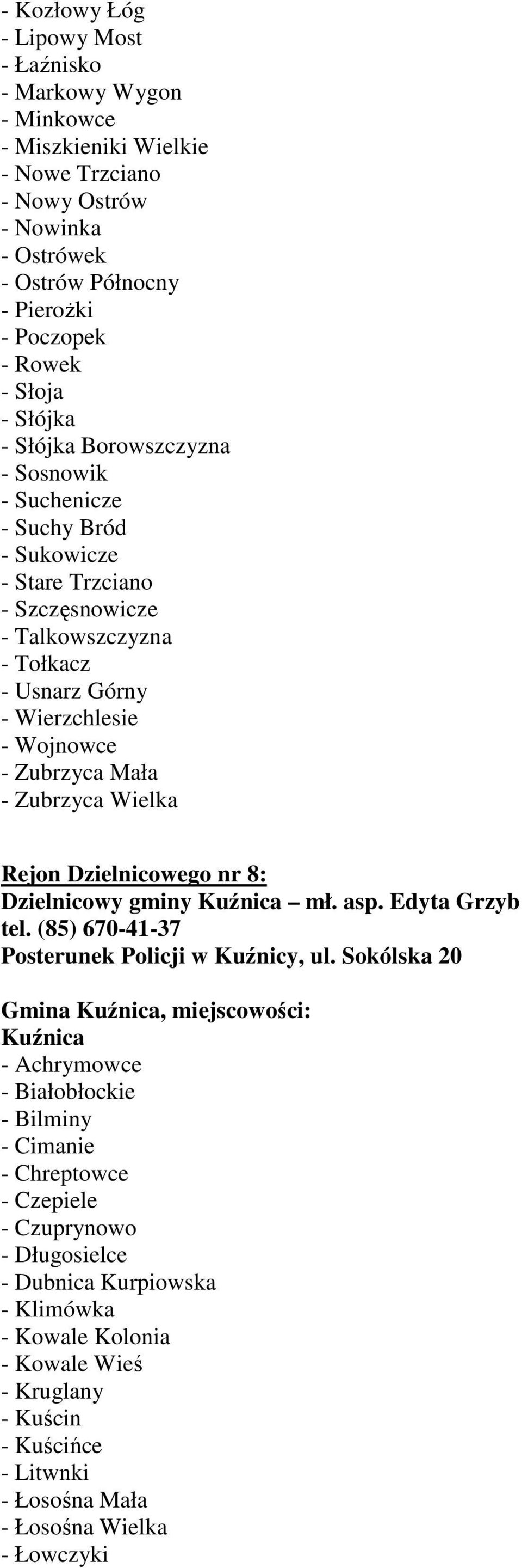 Zubrzyca Wielka Rejon Dzielnicowego nr 8: Dzielnicowy gminy Kuźnica mł. asp. Edyta Grzyb tel. (85) 670-41-37 Posterunek Policji w Kuźnicy, ul.