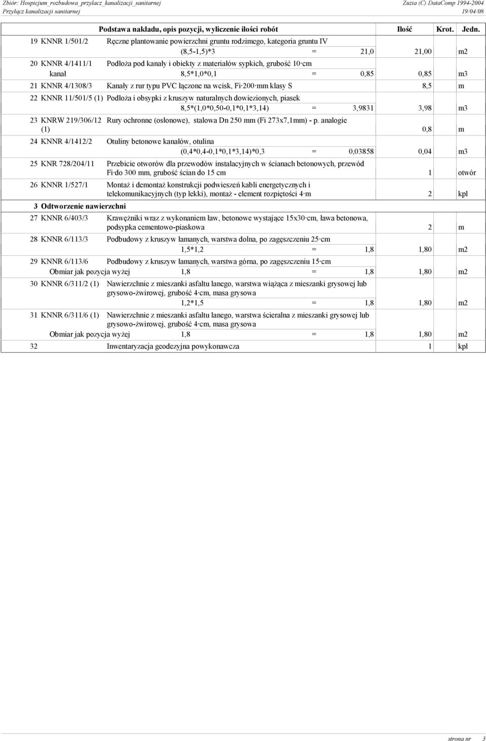 kanał 8,5*1,0*0,1 = 0,85 0,85 m3 21 KNNR 4/1308/3 Kanały z rur typu PVC łączone na wcisk, Fi 200 mm klasy S 8,5 m 22 KNNR 11/501/5 (1) Podłoża i obsypki z kruszyw naturalnych dowiezionych, piasek