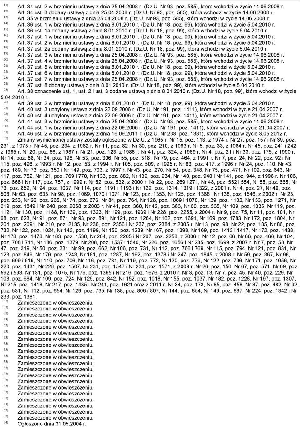 99), która wchodzi w życie 5.04.2010 r. 15) Art. 36 ust. 1a dodany ustawą z dnia 8.01.2010 r. (Dz.U. Nr 18, poz. 99), która wchodzi w życie 5.04.2010 r. 16) Art. 37 ust. 1 w brzmieniu ustawy z dnia 8.