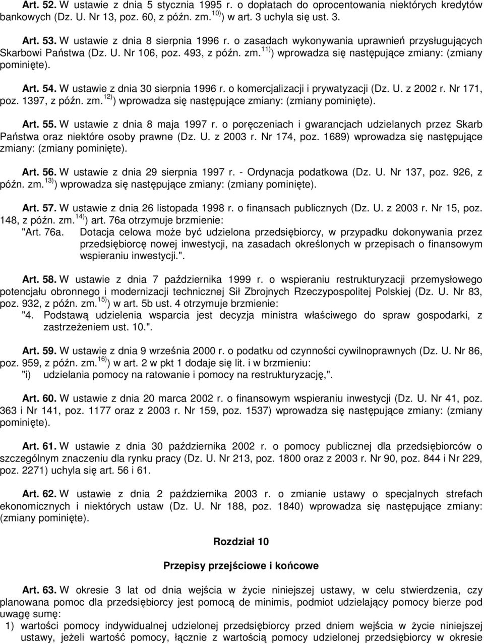 Art. 54. W ustawie z dnia 30 sierpnia 1996 r. o komercjalizacji i prywatyzacji (Dz. U. z 2002 r. Nr 171, poz. 1397, z późn. zm. 12) ) wprowadza się następujące zmiany: (zmiany pominięte). Art. 55.