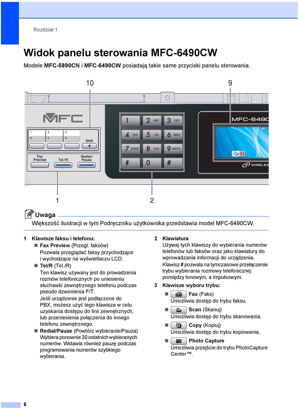 faksów) Pozwala przeglądać faksy przychodzące i wychodzące na wyświetlaczu LCD. Tel/R (Tel.