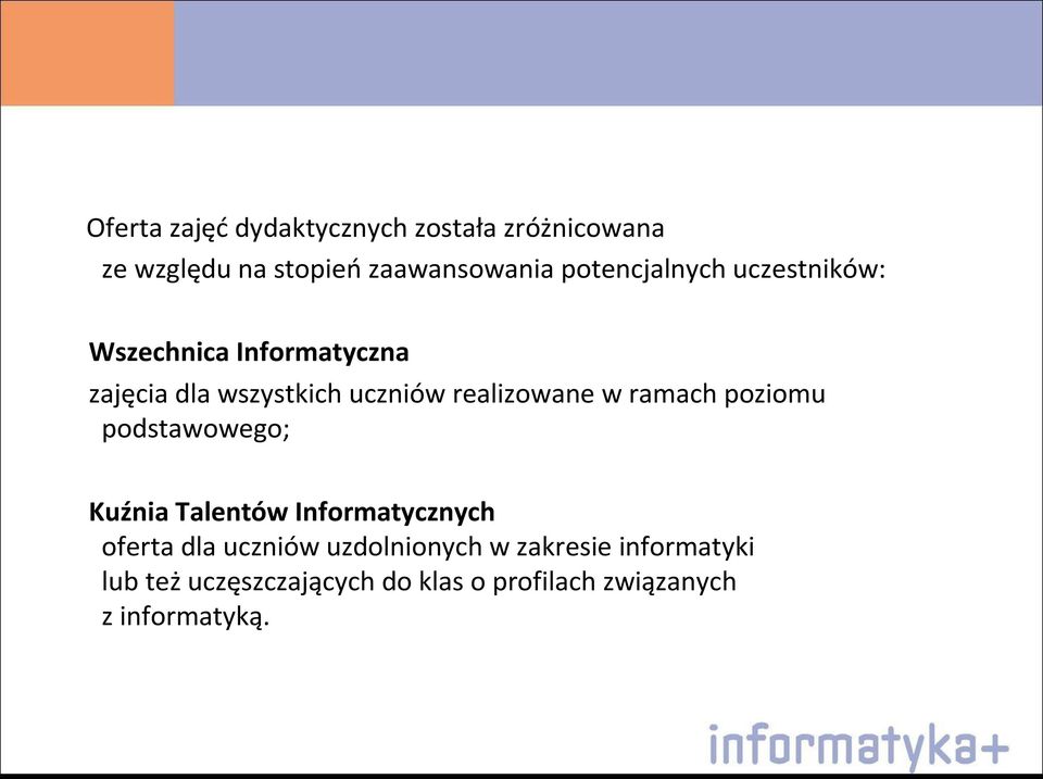 realizowane w ramach poziomu podstawowego; Kuźnia Talentów Informatycznych oferta dla