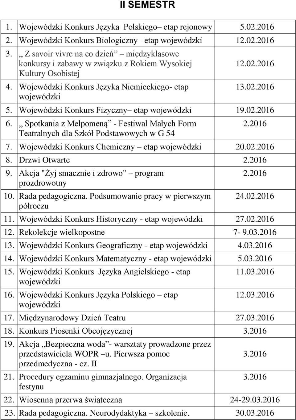 Wojewódzki Konkurs Fizyczny etap wojewódzki 19.02.2016 6. Spotkania z Melpomeną - Festiwal Małych Form Teatralnych dla Szkół Podstawowych w G 54 2.2016 7.