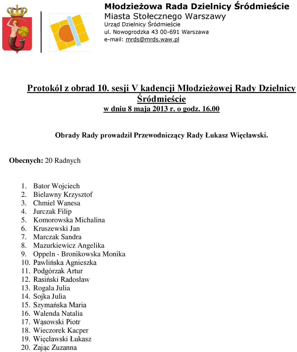 Bator Wojciech 2. Bielawny Krzysztof 3. Chmiel Wanesa 4. Jurczak Filip 5. Komorowska Michalina 6. Kruszewski Jan 7. Marczak Sandra 8. Mazurkiewicz Angelika 9. Oppeln - Bronikowska Monika 10.