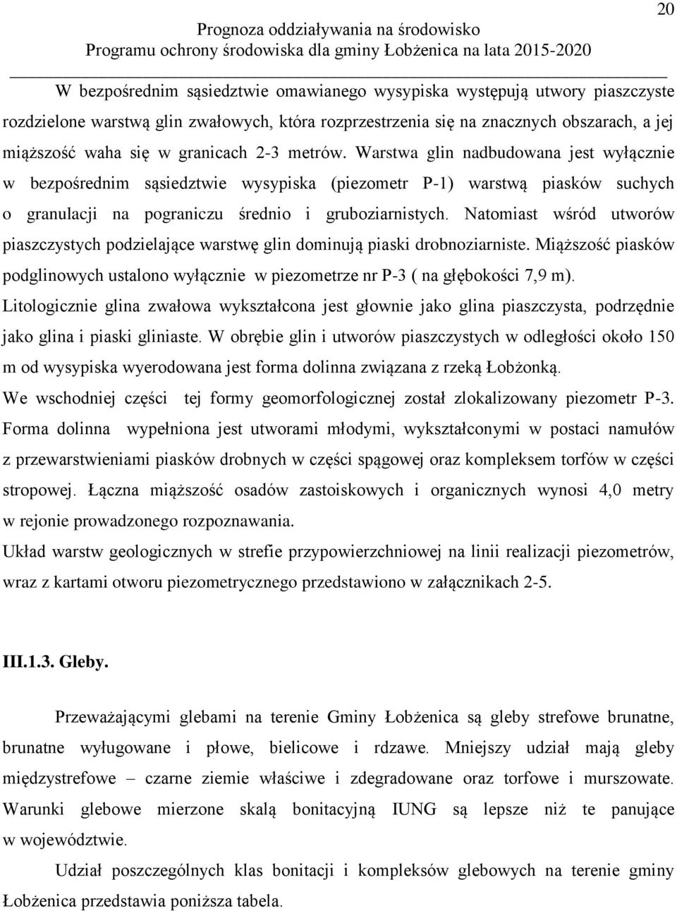 Natomiast wśród utworów piaszczystych podzielające warstwę glin dominują piaski drobnoziarniste. Miąższość piasków podglinowych ustalono wyłącznie w piezometrze nr P-3 ( na głębokości 7,9 m).