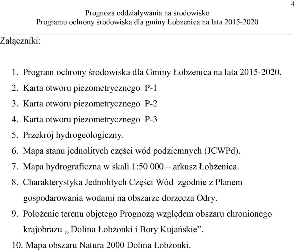 Mapa stanu jednolitych części wód podziemnych (JCWPd). 7. Mapa hydrograficzna w skali 1:50 000 arkusz Łobżenica. 8.