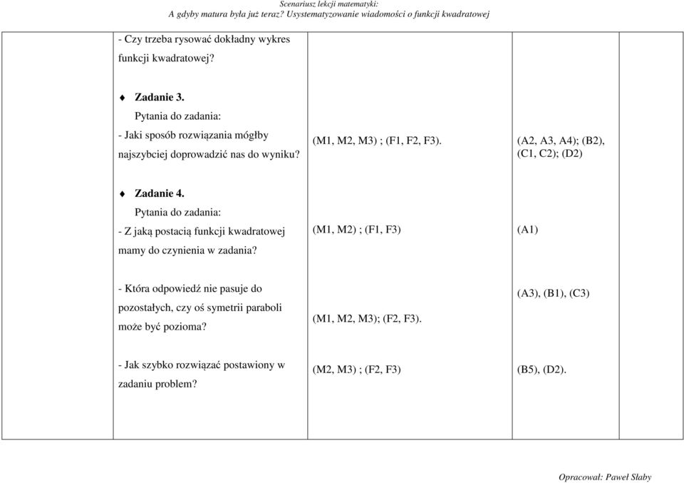 (A2, A3, A4); (B2), (C1, C2); (D2) Zadanie 4. - Z jaką postacią funkcji kwadratowej mamy do czynienia w zadania?