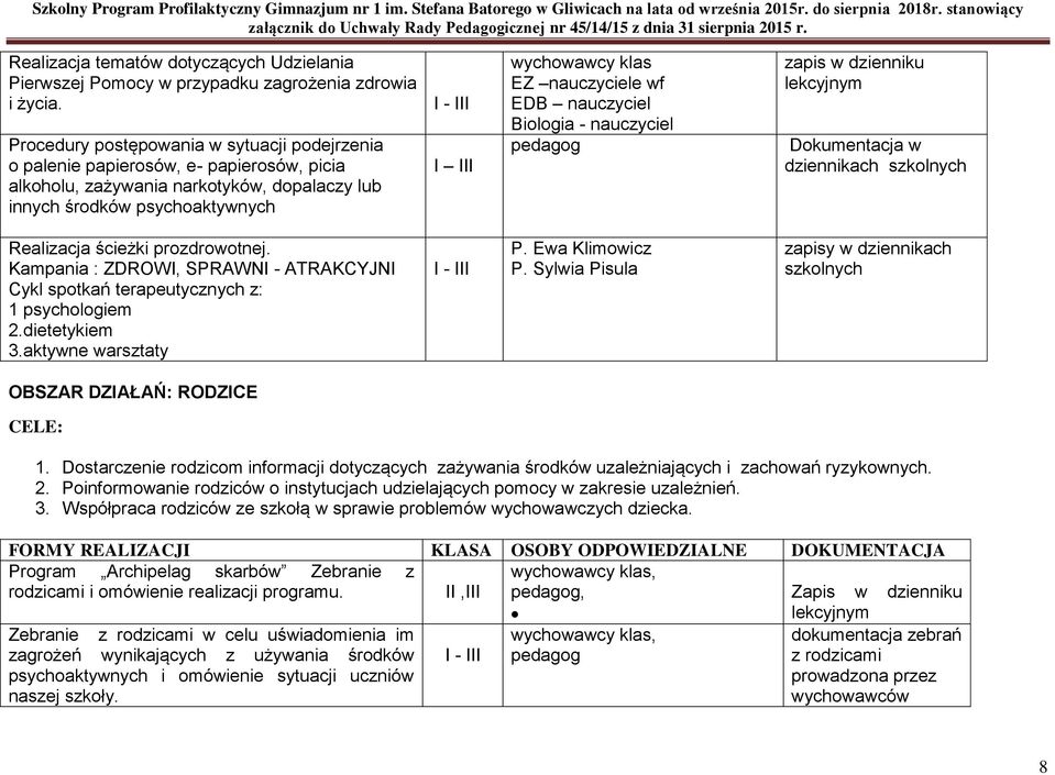 nauczyciel Biologia - nauczyciel pedagog zapis w dzienniku lekcyjnym Dokumentacja w dziennikach szkolnych Realizacja ścieżki prozdrowotnej.