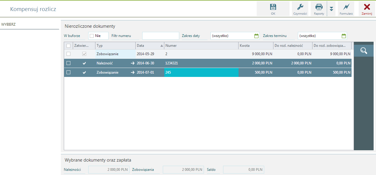 Kompensuj i Rozlicz Płatności do rozliczenia należny podświetlić i wybrać przycisk OK. Po zatwierdzeniu okna kompensuj i rozlicz możliwe jest: U w a g a!