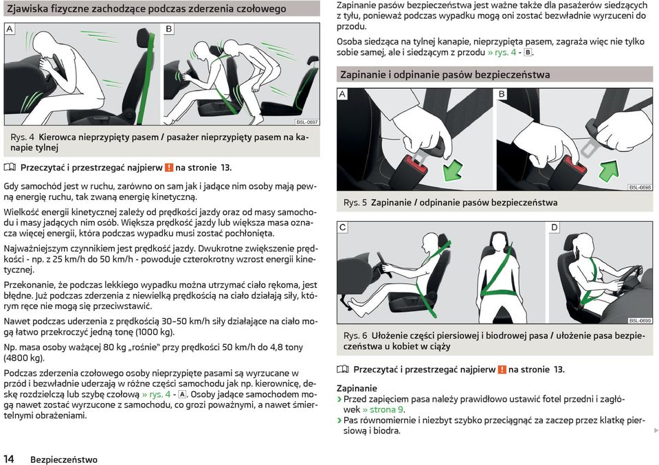 4 Kierowca nieprzypięty pasem / pasażer nieprzypięty pasem na kanapie tylnej Przeczytać i przestrzegać najpierw na stronie 13.