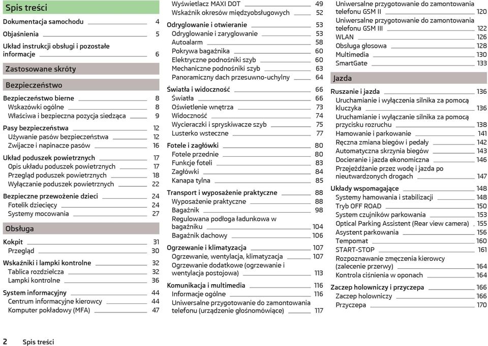 powietrznych 18 Wyłączanie poduszek powietrznych 22 Bezpieczne przewożenie dzieci 24 Fotelik dziecięcy 24 Systemy mocowania 27 Obsługa Kokpit 31 Przegląd 30 Wskaźniki i lampki kontrolne 32 Tablica