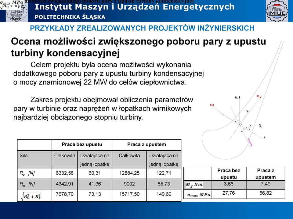 Zakres projektu obejmował obliczenia parametrów pary w turbinie oraz naprężeń w łopatkach wirnikowych najbardziej obciążonego stopniu turbiny. Mg Ru y R.