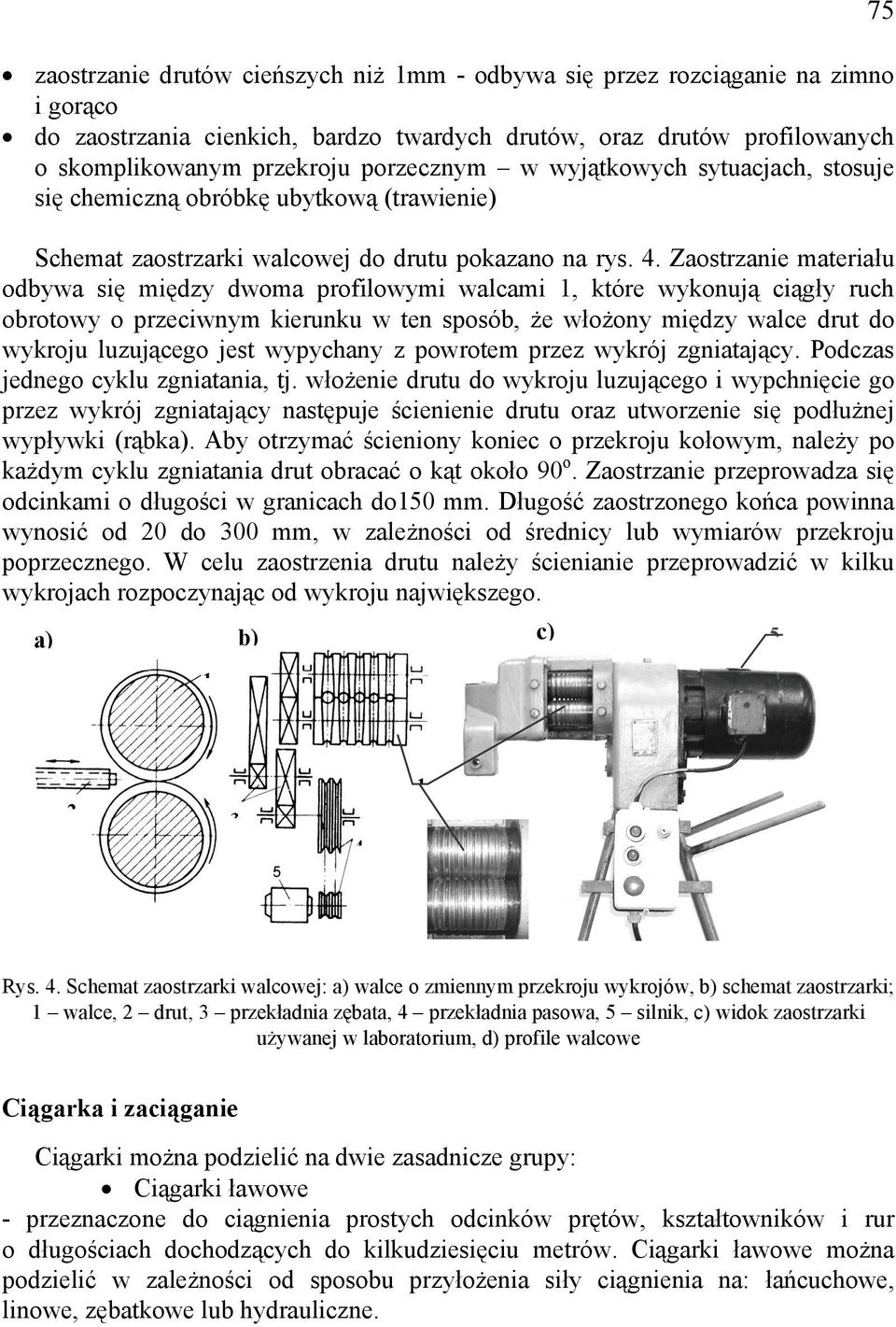 Zaostrzanie materiału odbywa się między dwoma profilowymi walcami 1, które wykonują ciągły ruch obrotowy o przeciwnym kierunku w ten sposób, że włożony między walce drut do wykroju luzującego jest