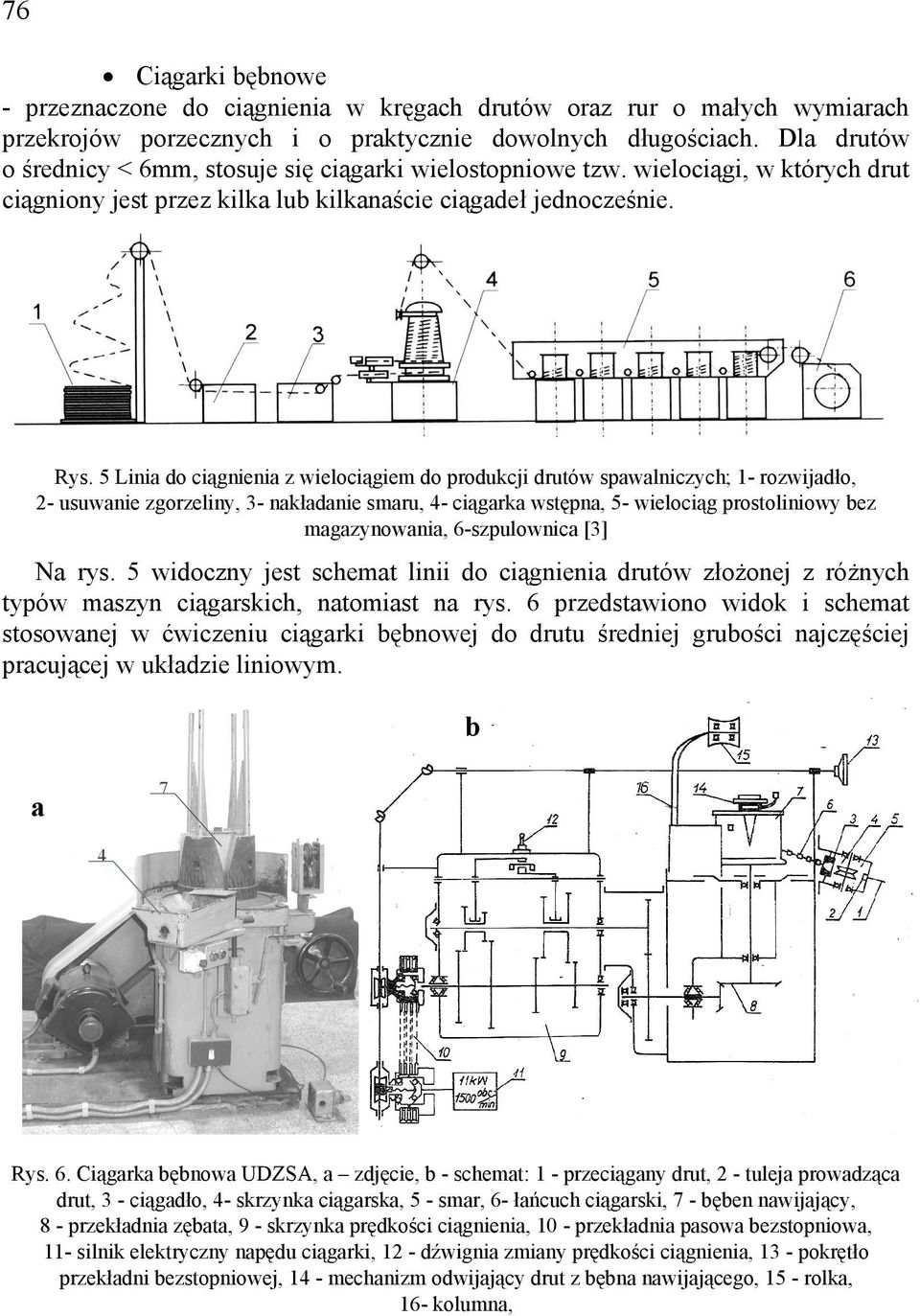 5 Linia do ciągnienia z wielociągiem do produkcji drutów spawalniczych; 1- rozwijadło, 2- usuwanie zgorzeliny, 3- nakładanie smaru, 4- ciągarka wstępna, 5- wielociąg prostoliniowy bez magazynowania,