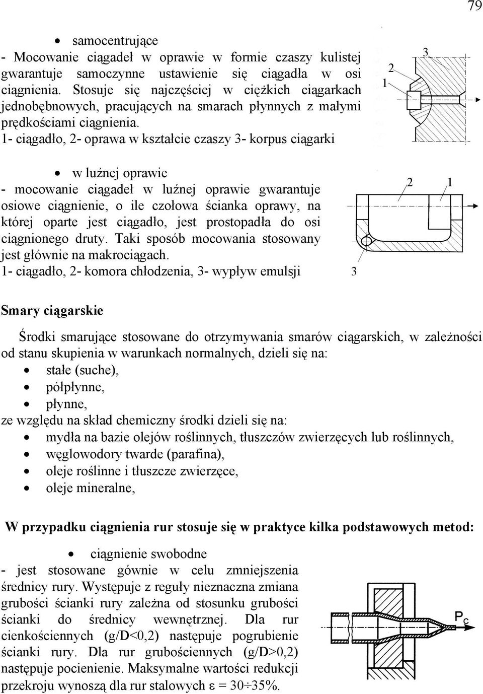 1- ciągadło, 2- oprawa w kształcie czaszy 3- korpus ciągarki 2 1 3 w luźnej oprawie - mocowanie ciągadeł w luźnej oprawie gwarantuje osiowe ciągnienie, o ile czołowa ścianka oprawy, na której oparte
