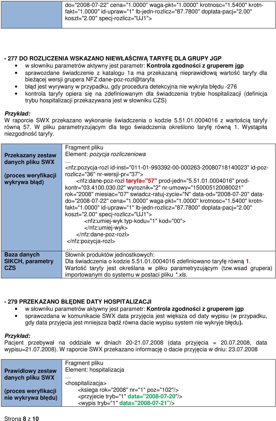 NFZ:dane-poz-rozl@taryfa błąd jest wyrywany w przypadku, gdy procedura detekcyjna nie wykryła błędu -276 kontrola taryfy opiera się na zdefiniowanym dla świadczenia trybie hospitalizacji (definicja