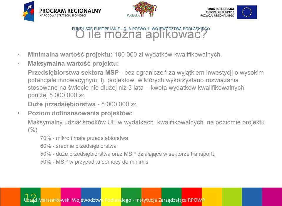 projektów, w których wykorzystano rozwiązania stosowane na świecie nie dłużej niż 3 lata kwota wydatków kwalifikowalnych poniżej 8 000 000 zł.