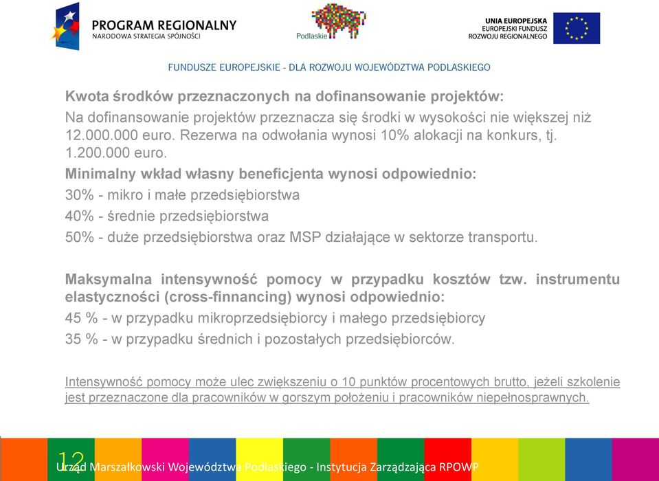 Minimalny wkład własny beneficjenta wynosi odpowiednio: 30% - mikro i małe przedsiębiorstwa 40% - średnie przedsiębiorstwa 50% - duże przedsiębiorstwa oraz MSP działające w sektorze transportu.