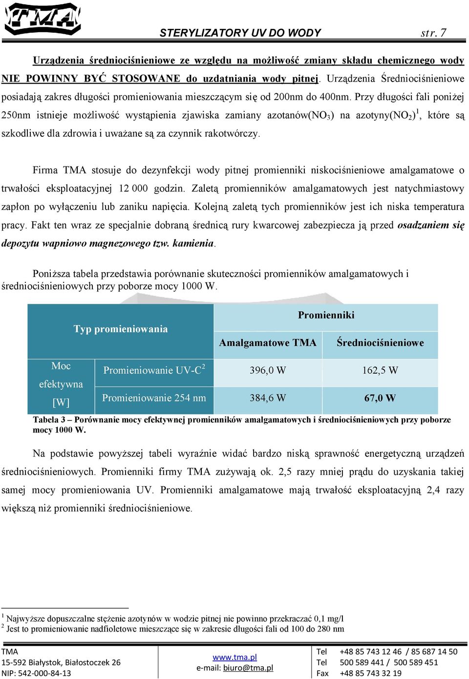 Przy długości fali poniżej 250nm istnieje możliwość wystąpienia zjawiska zamiany azotanów(no 3 ) na azotyny(no 2 ) 1, które są szkodliwe dla zdrowia i uważane są za czynnik rakotwórczy.