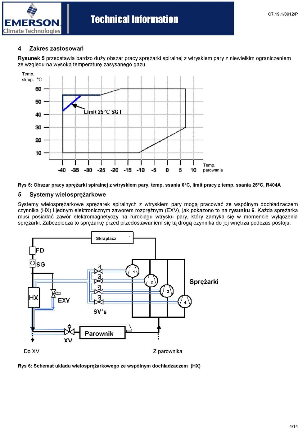 ssania 25 C, R404A 5 Systemy wielosprężarkowe Systemy wielosprężarkowe spiralnych z wtryskiem pary mogą pracować ze wspólnym dochładzaczem czynnika (HX) i jednym elektronicznym zaworem rozprężnym