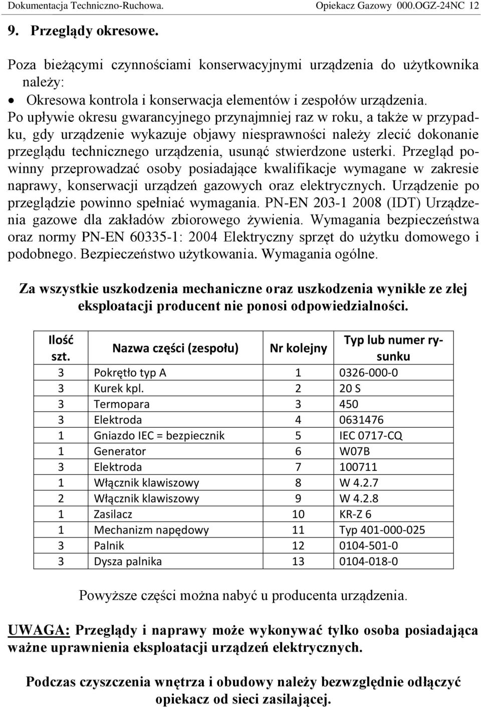 Po upływie okresu gwarancyjnego przynajmniej raz w roku, a także w przypadku, gdy urządzenie wykazuje objawy niesprawności należy zlecić dokonanie przeglądu technicznego urządzenia, usunąć