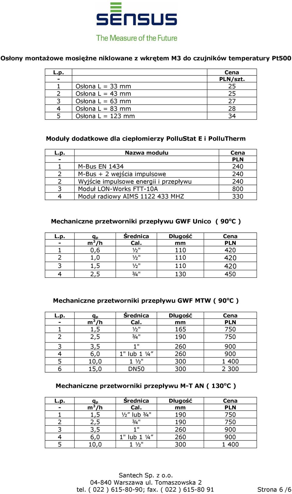 240 2 M-Bus + 2 wejścia impulsowe 240 2 Wyjście impulsowe energii i przepływu 240 3 Moduł LON-Works FTT-10A 800 4 Moduł radiowy AIMS 1122 433 MHZ 330 Mechaniczne przetworniki przepływu GWF Unico ( 90