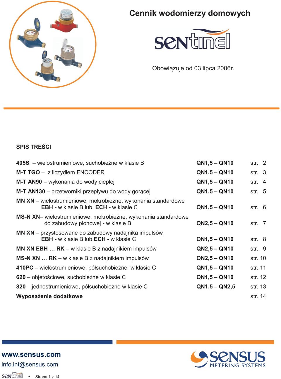 5 MN XN wielostrumieniowe, mokrobie ne, wykonania standardowe EH - w klasie lub ECH - wklasiec QN1,5 QN10 str.