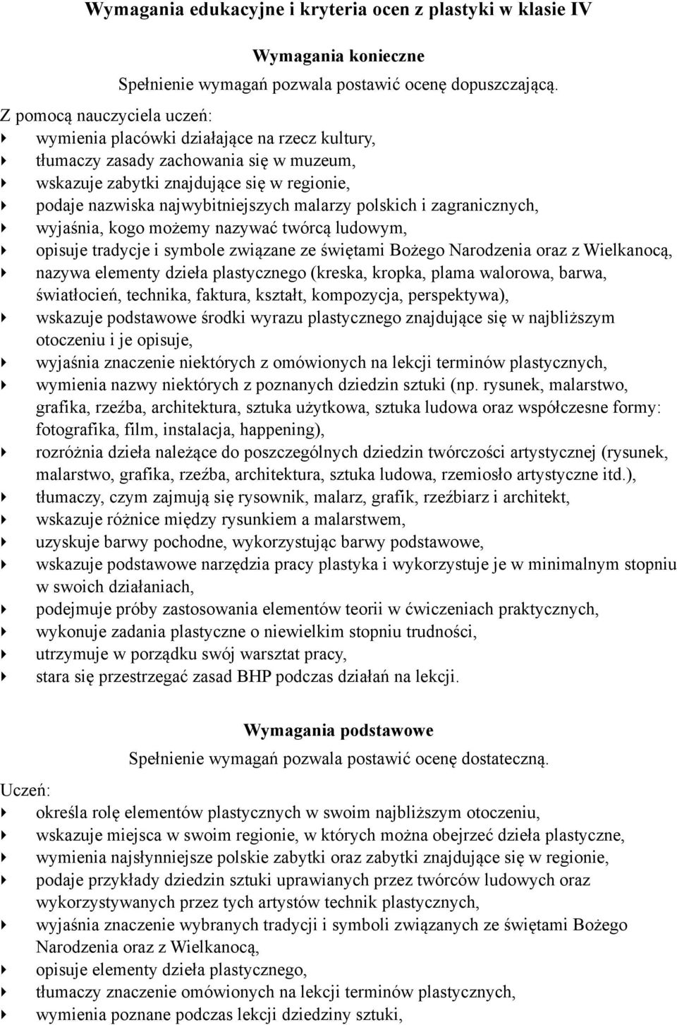 malarzy polskich i zagranicznych, wyjaśnia, kogo możemy nazywać twórcą ludowym, opisuje tradycje i symbole związane ze świętami Bożego Narodzenia oraz z Wielkanocą, nazywa elementy dzieła