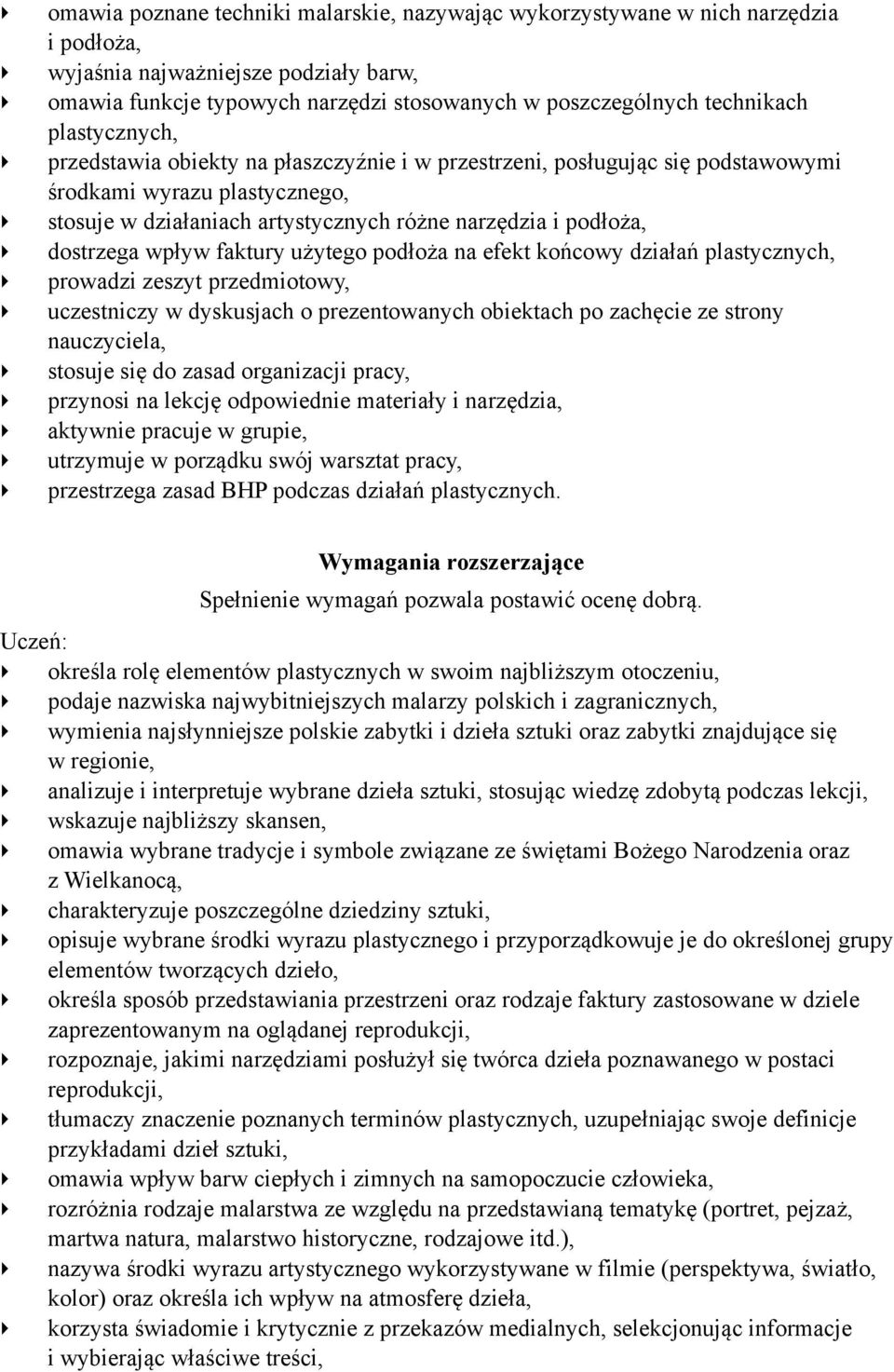 wpływ faktury użytego podłoża na efekt końcowy działań plastycznych, prowadzi zeszyt przedmiotowy, uczestniczy w dyskusjach o prezentowanych obiektach po zachęcie ze strony nauczyciela, stosuje się