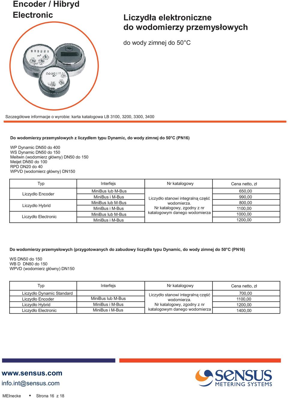 g³ówny) DN150 Liczyd³o Encoder Liczyd³o Hybrid Liczyd³o Electronic Interfejs Nr katalogowy ena netto, z³ MiniBus lub M-Bus MiniBus i M-Bus MiniBus lub M-Bus MiniBus i M-Bus MiniBus lub M-Bus MiniBus