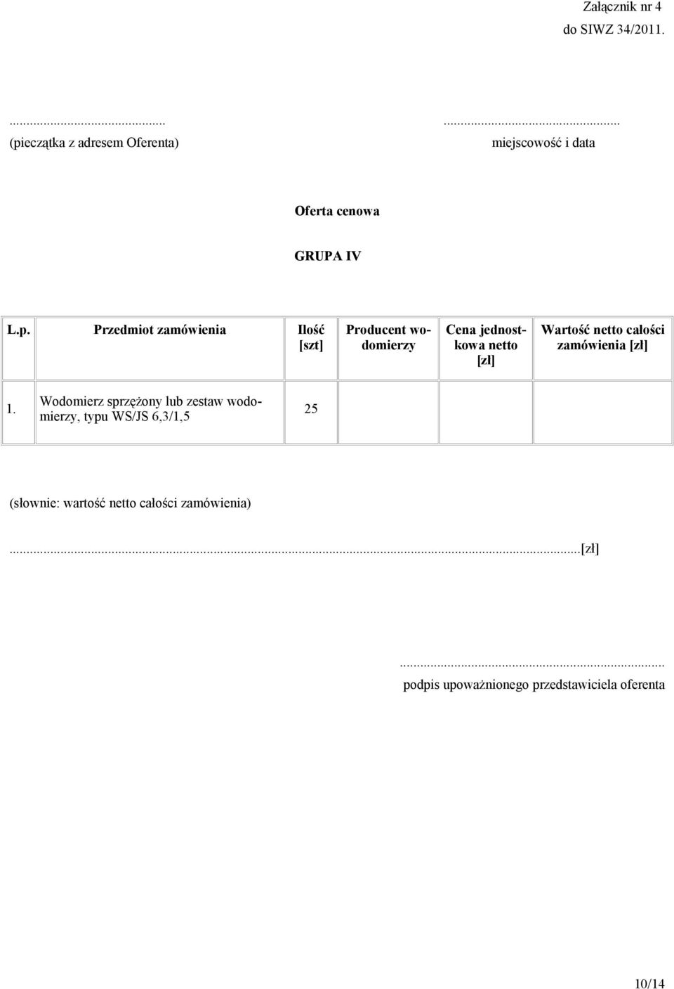 eczątka z adresem Oferenta) miejscowość i data Oferta cenowa GRUPA IV L.p.