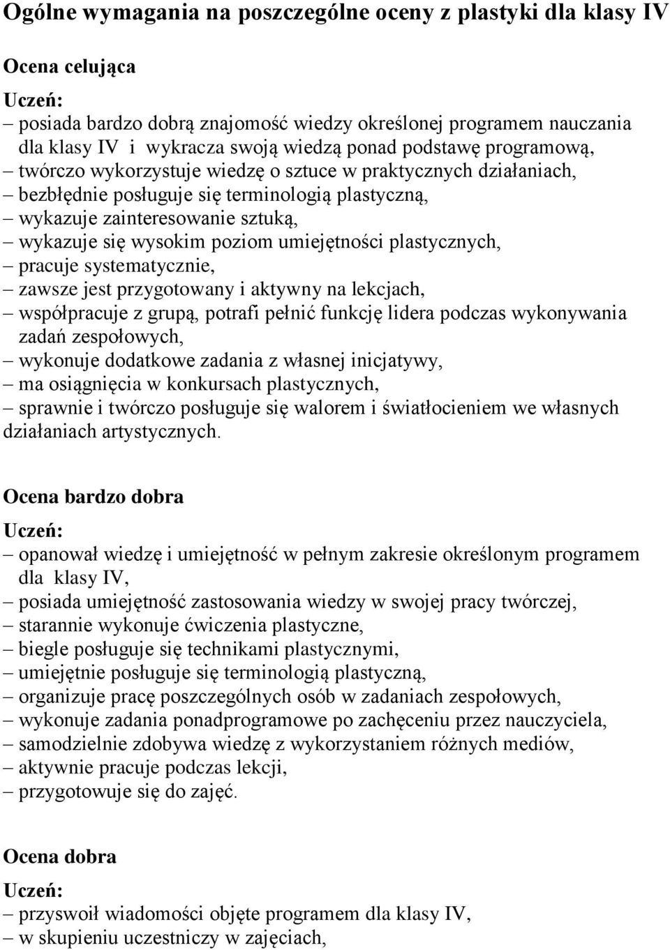 umiejętności plastycznych, pracuje systematycznie, zawsze jest przygotowany i aktywny na lekcjach, współpracuje z grupą, potrafi pełnić funkcję lidera podczas wykonywania zadań zespołowych, wykonuje