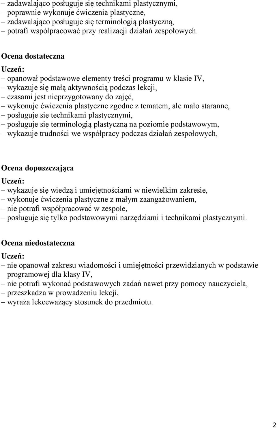 Ocena dostateczna opanował podstawowe elementy treści programu w klasie IV, wykazuje się małą aktywnością podczas lekcji, czasami jest nieprzygotowany do zajęć, wykonuje ćwiczenia plastyczne zgodne z