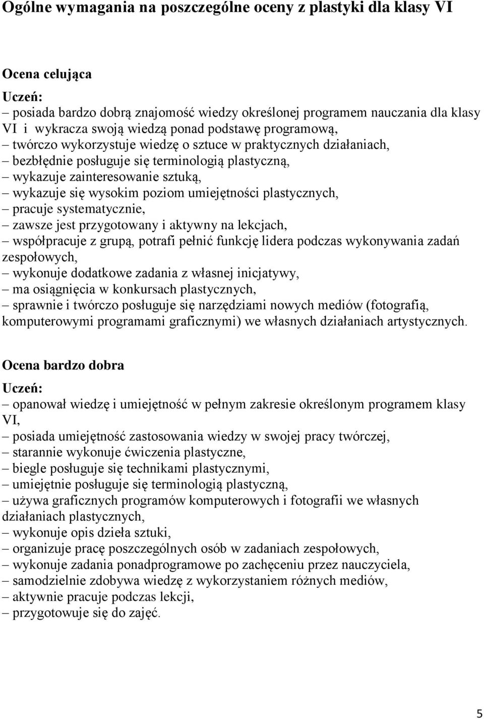 umiejętności plastycznych, pracuje systematycznie, zawsze jest przygotowany i aktywny na lekcjach, współpracuje z grupą, potrafi pełnić funkcję lidera podczas wykonywania zadań zespołowych, wykonuje