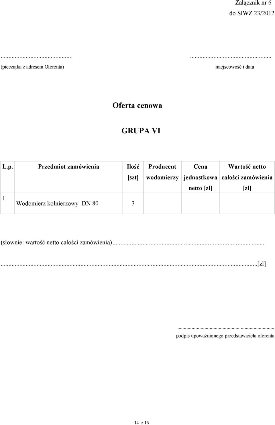eczątka z adresem Oferenta) miejscowość i data Oferta cenowa GRUPA VI L.p.