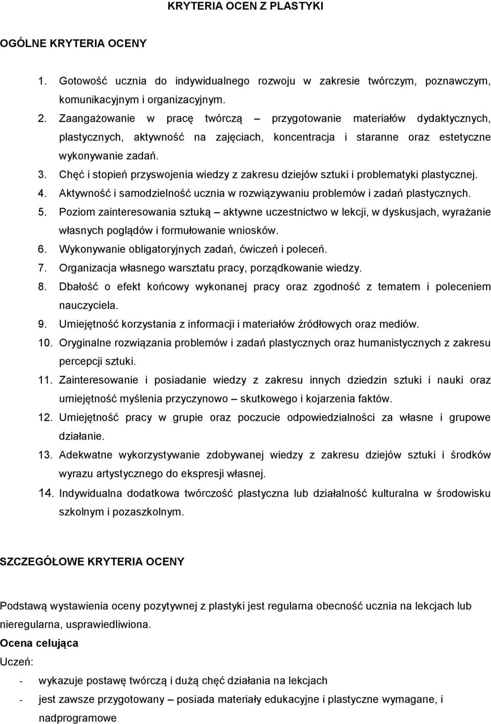 Chęć i stopień przyswojenia wiedzy z zakresu dziejów sztuki i problematyki plastycznej. 4. Aktywność i samodzielność ucznia w rozwiązywaniu problemów i zadań. 5.