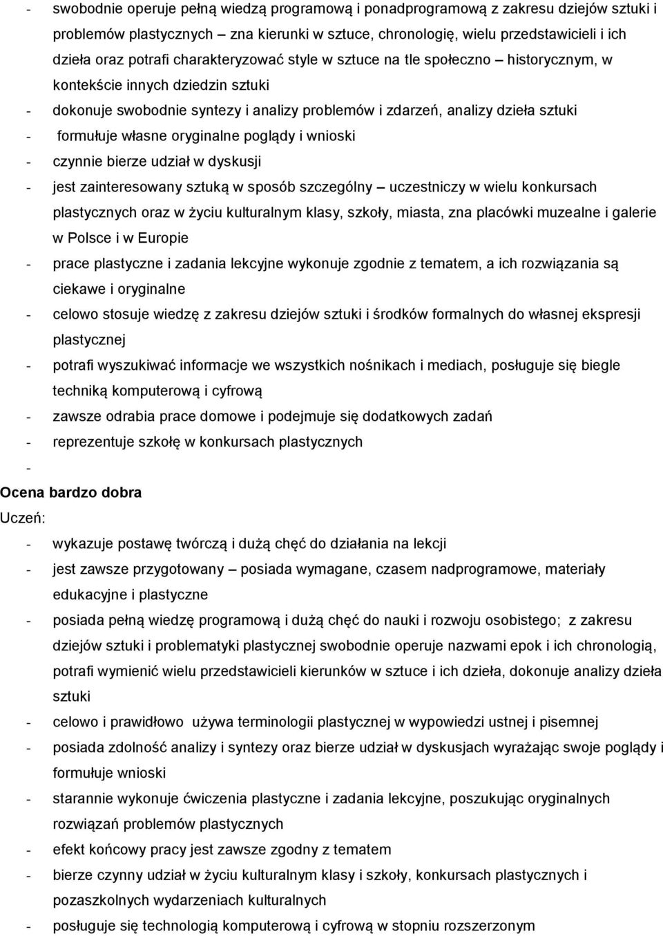 poglądy i wnioski - czynnie bierze udział w dyskusji - jest zainteresowany sztuką w sposób szczególny uczestniczy w wielu konkursach oraz w życiu kulturalnym klasy, szkoły, miasta, zna placówki