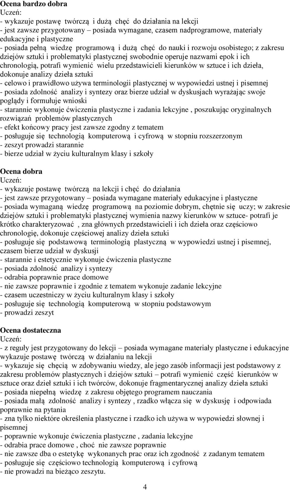 przedstawicieli kierunków w sztuce i ich dzieła, dokonuje analizy dzieła sztuki - celowo i prawidłowo używa terminologii plastycznej w wypowiedzi ustnej i pisemnej - posiada zdolność analizy i