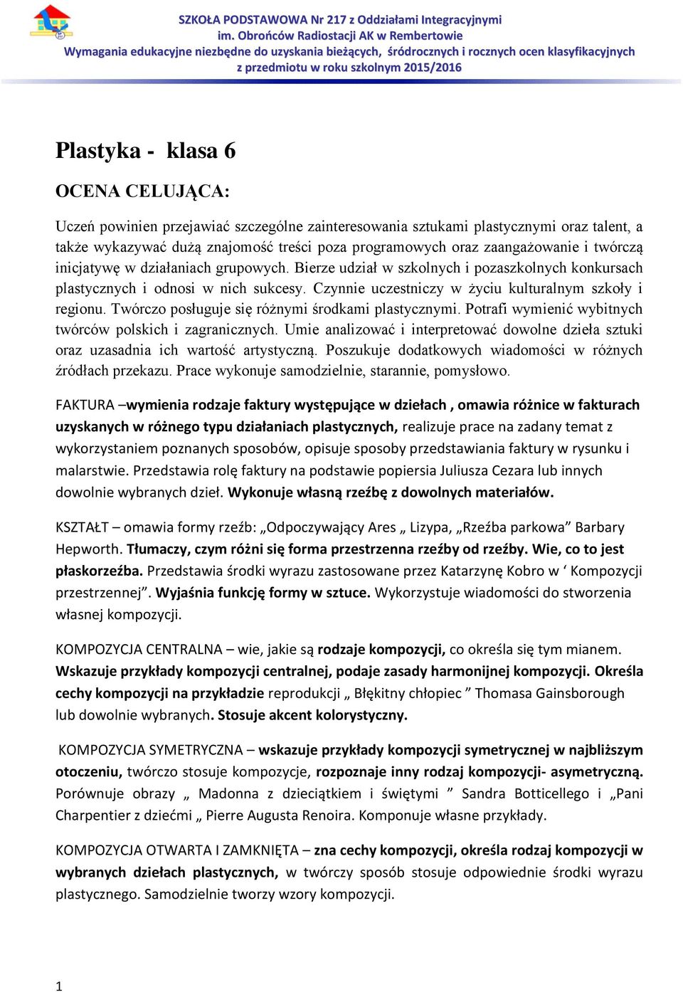 Twórczo posługuje się różnymi środkami plastycznymi. Potrafi wymienić wybitnych twórców polskich i zagranicznych.